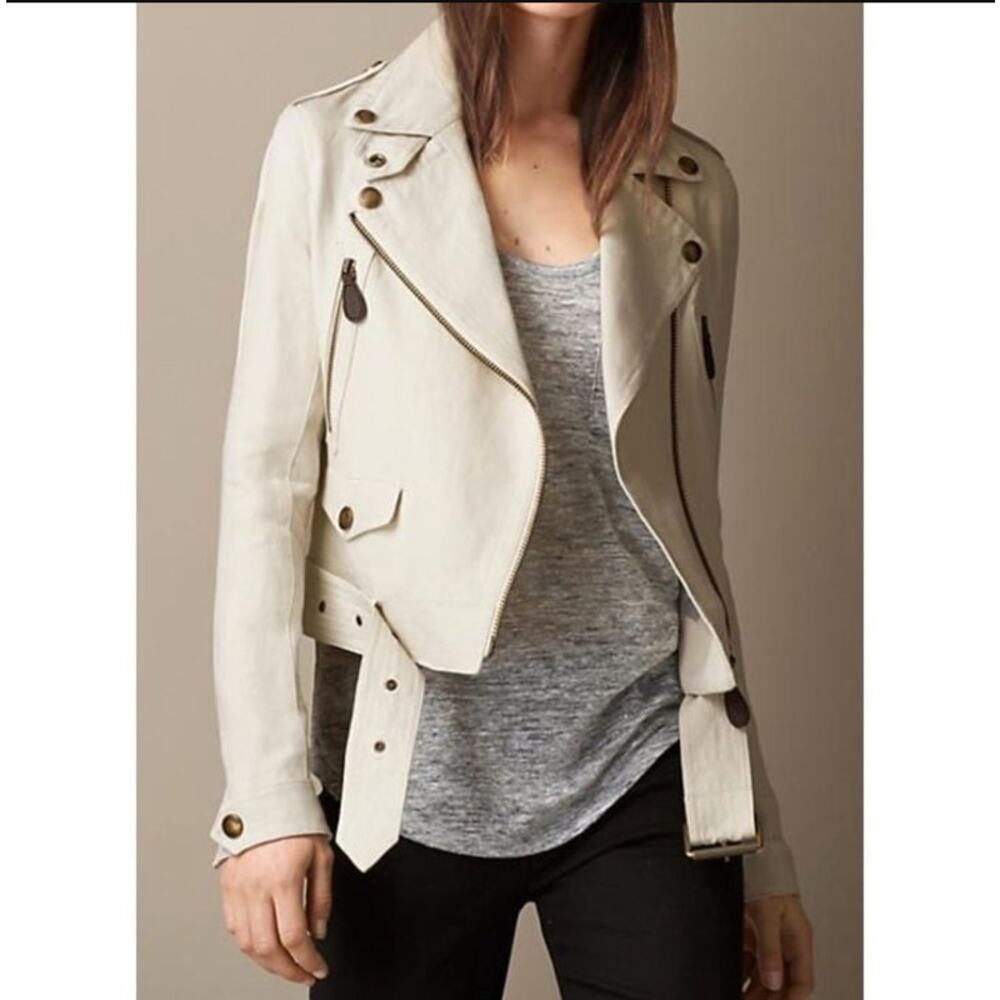 Burberry Brit Patchford Parchment Linen Moto Biker Full Zip Belted Jacket Size 4